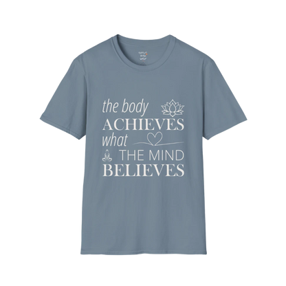"The body achieves what the mind believes" affirmation text design with lotus, heart, and meditation icon details — The Vault collection by Ramro Yoga Wear — Stone Blue