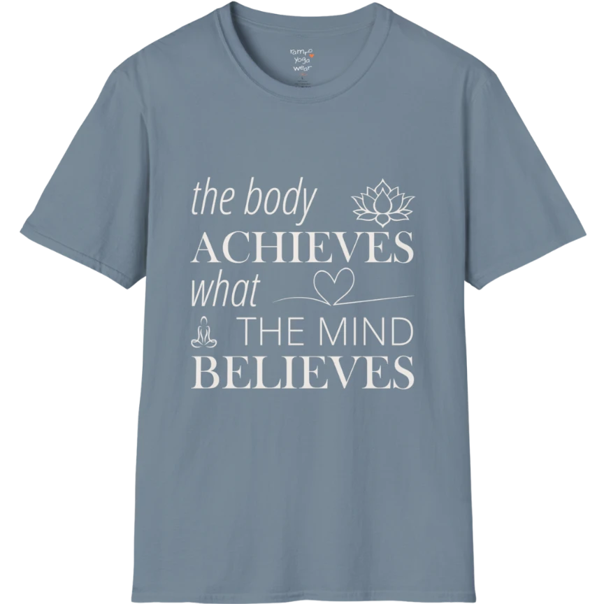 "The body achieves what the mind believes" affirmation text design with lotus, heart, and meditation icon details — The Vault collection by Ramro Yoga Wear — Stone Blue