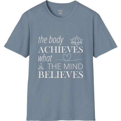 "The body achieves what the mind believes" affirmation text design with lotus, heart, and meditation icon details — The Vault collection by Ramro Yoga Wear — Stone Blue