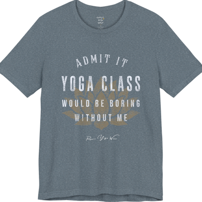 Bold distressed lotus yoga slogan tee in Heather Slate — Funny Yoga Shirts collection by Ramro Yoga Wear