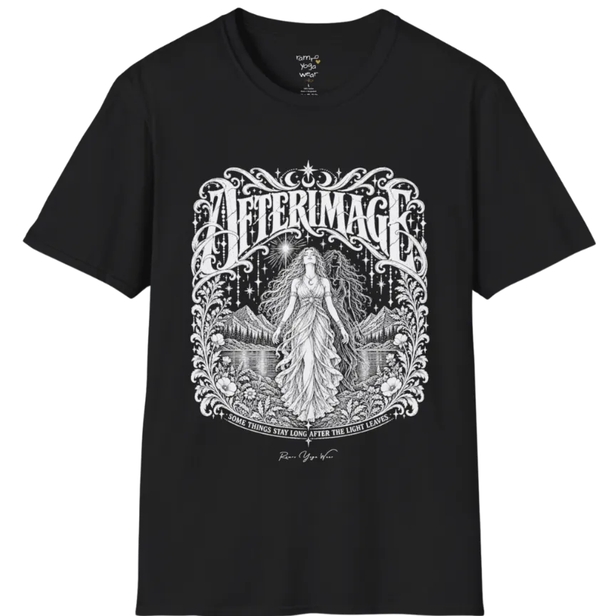 A short sleeved tee called the Afterimage T-Shirt, flat lay and a Gildan 64000 shirt on a white background. Simply says, Some Things Stay Long After The Light Leaves. Design highlights a long-haired figure in a flowing gown standing before a faint ghosted double of herself, under a starry sky with mountains, a lake and an ornate floral frame. Color is Black.