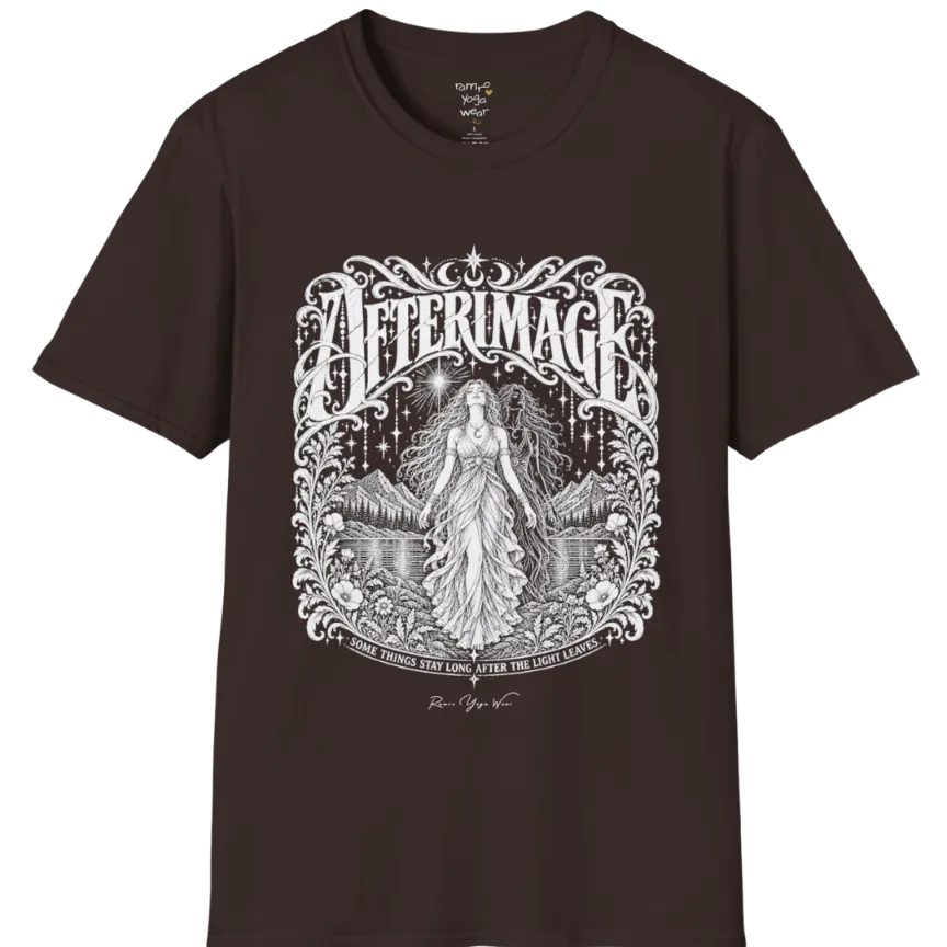 A short sleeved tee called the Afterimage T-Shirt, flat lay and a Gildan 64000 shirt on a white background. Simply says, Some Things Stay Long After The Light Leaves. Design highlights a long-haired figure in a flowing gown standing before a faint ghosted double of herself, under a starry sky with mountains, a lake and an ornate floral frame. Color is Dark Chocolate.