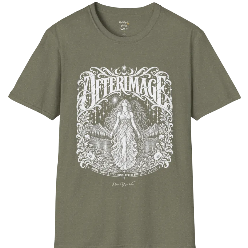 A short sleeved tee called the Afterimage T-Shirt, flat lay and a Gildan 64000 shirt on a white background. Simply says, Some Things Stay Long After The Light Leaves. Design highlights a long-haired figure in a flowing gown standing before a faint ghosted double of herself, under a starry sky with mountains, a lake and an ornate floral frame. Color is Heather Military Green.