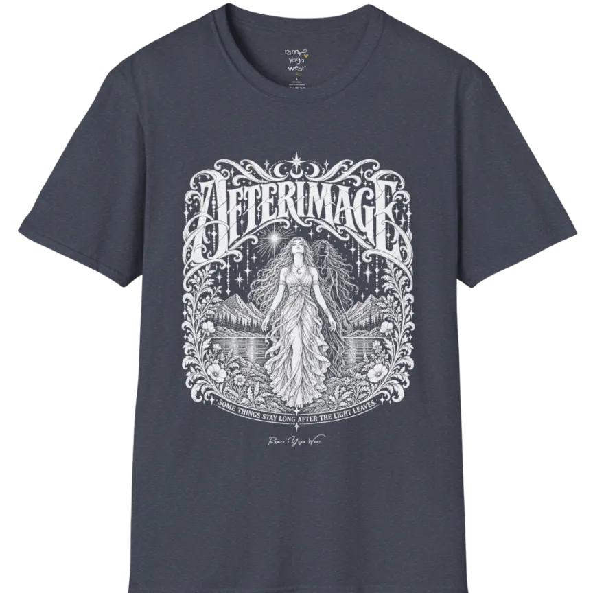A short sleeved tee called the Afterimage T-Shirt, flat lay and a Gildan 64000 shirt on a white background. Simply says, Some Things Stay Long After The Light Leaves. Design highlights a long-haired figure in a flowing gown standing before a faint ghosted double of herself, under a starry sky with mountains, a lake and an ornate floral frame. Color is Heather Navy.