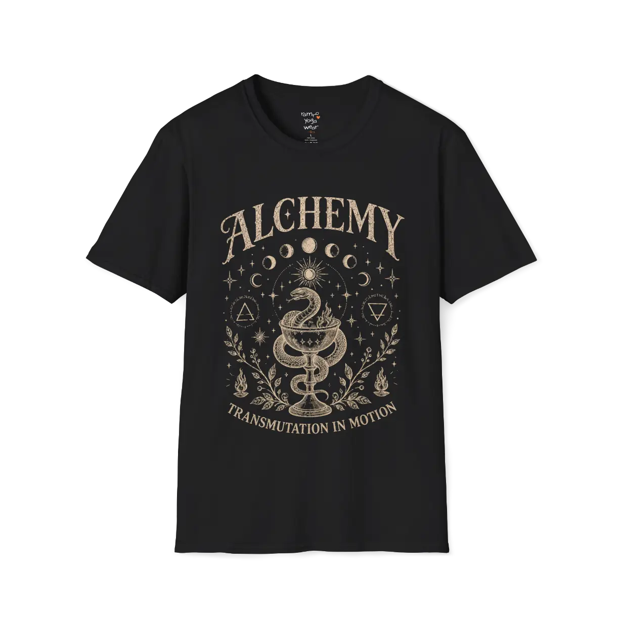 Black Alchemy T-Shirt featuring vintage celestial artwork with moon phases, botanical elements, and mystical spiritual design details.