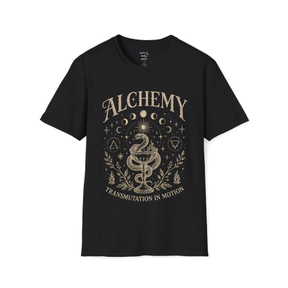 Black Alchemy T-Shirt featuring vintage celestial artwork with moon phases, botanical elements, and mystical spiritual design details.