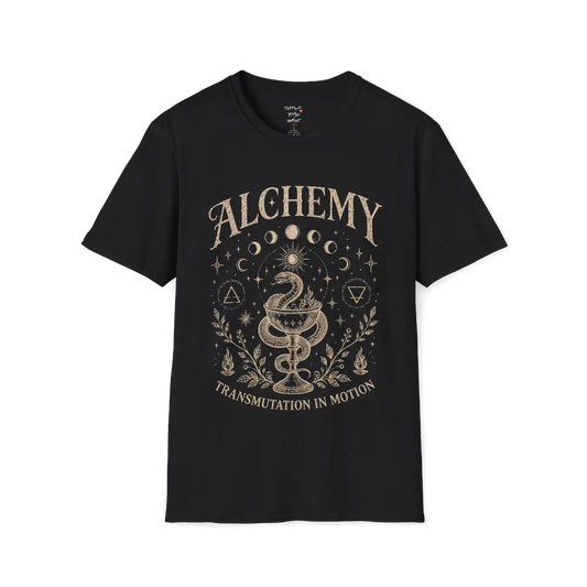 Black Alchemy T-Shirt featuring vintage celestial artwork with moon phases, botanical elements, and mystical spiritual design details.