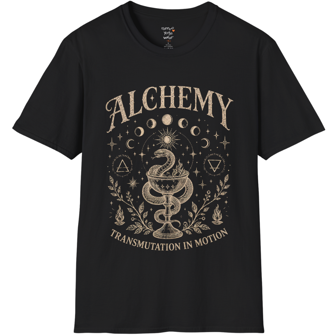 Black Alchemy T-Shirt featuring vintage celestial artwork with moon phases, botanical elements, and mystical spiritual design details.