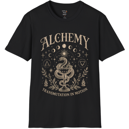 Black Alchemy T-Shirt featuring vintage celestial artwork with moon phases, botanical elements, and mystical spiritual design details.