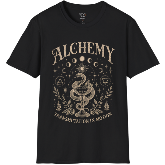 Black Alchemy T-Shirt featuring vintage celestial artwork with moon phases, botanical elements, and mystical spiritual design details.