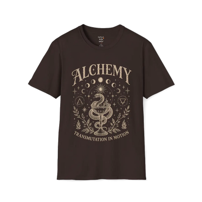 Dark Chocolate Alchemy T-Shirt with vintage mystical artwork inspired by transformation, moon phases, and spiritual symbolism.