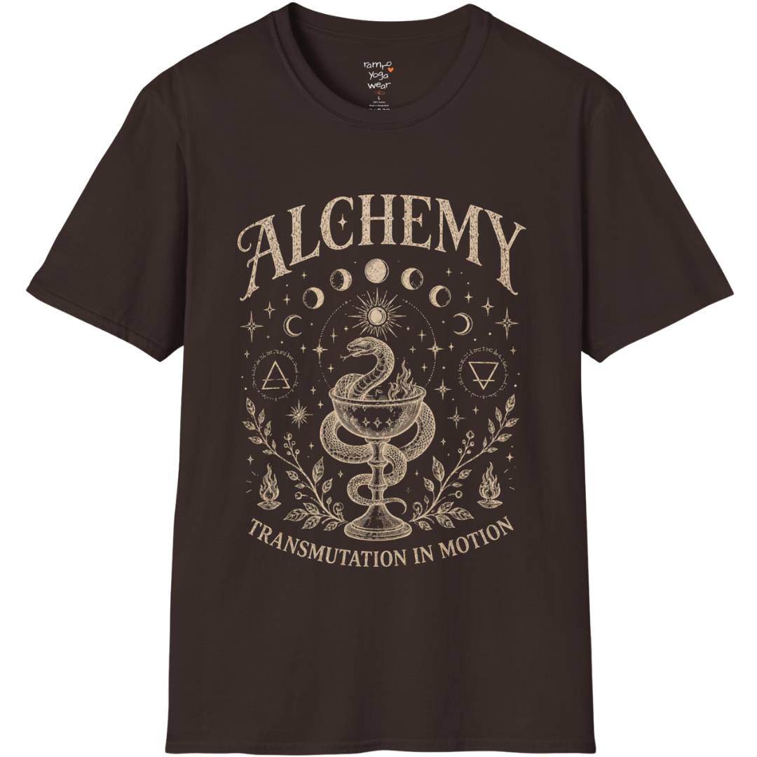 Dark Chocolate Alchemy T-Shirt with vintage mystical artwork inspired by transformation, moon phases, and spiritual symbolism.