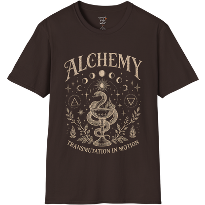 Dark Chocolate Alchemy T-Shirt with vintage mystical artwork inspired by transformation, moon phases, and spiritual symbolism.