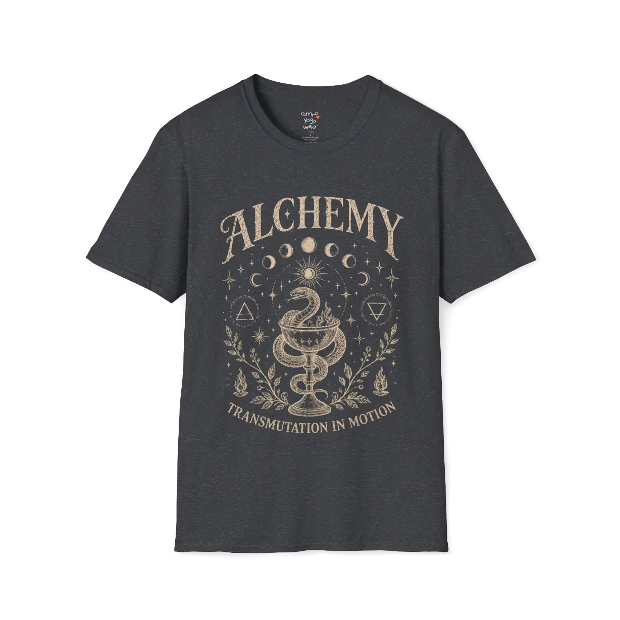 Dark Heather Grey Alchemy T-Shirt featuring celestial moon phase artwork and vintage-inspired spiritual streetwear styling.