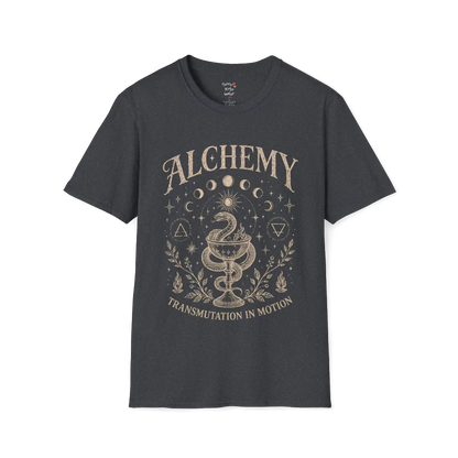 Dark Heather Grey Alchemy T-Shirt featuring celestial moon phase artwork and vintage-inspired spiritual streetwear styling.