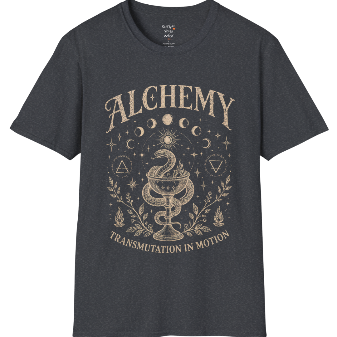 Dark Heather Grey Alchemy T-Shirt featuring celestial moon phase artwork and vintage-inspired spiritual streetwear styling.