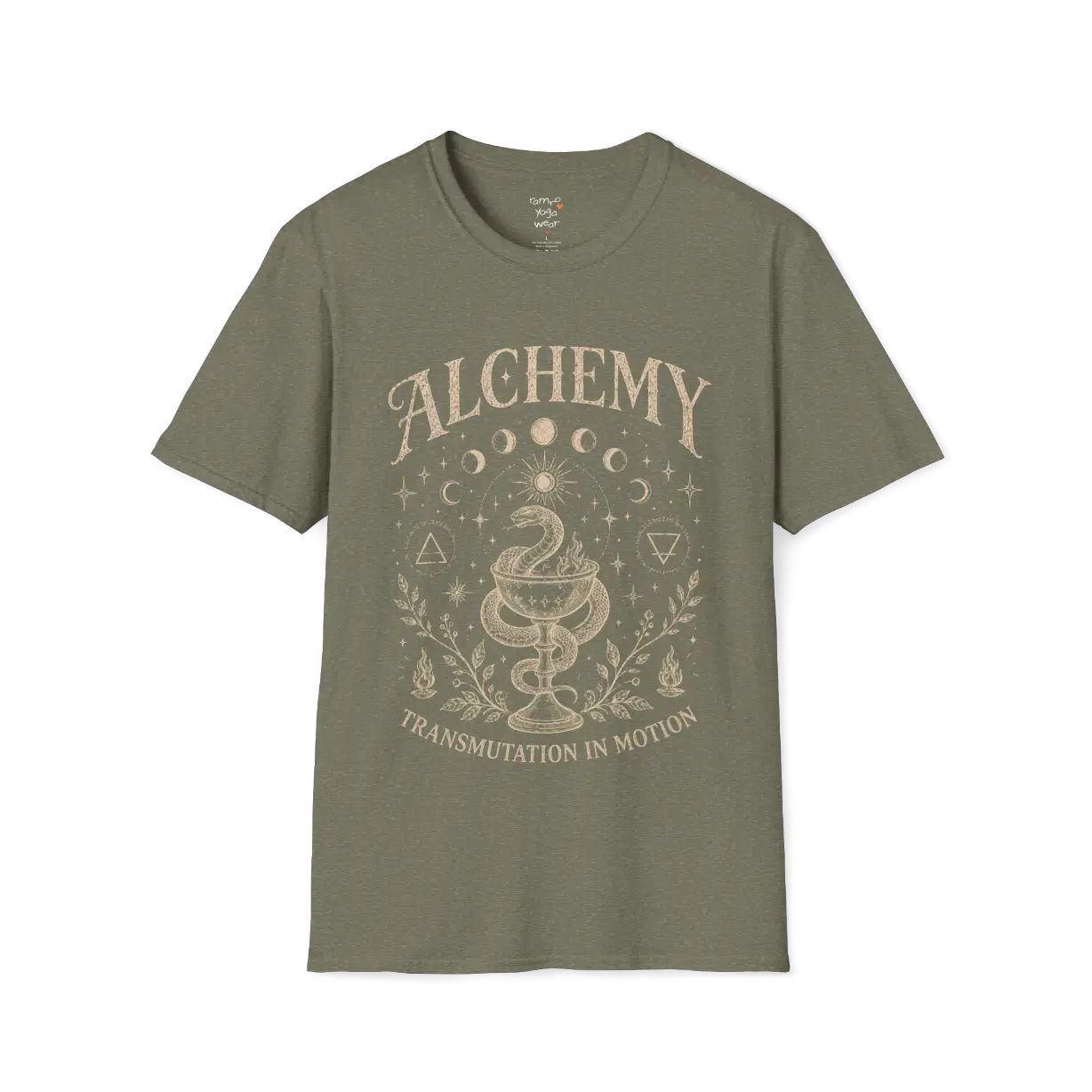 Heather Military Green Alchemy T-Shirt with mystical celestial artwork and grounded earthy street-style yoga aesthetic.