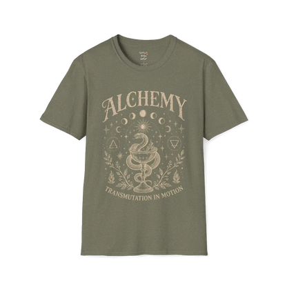 Heather Military Green Alchemy T-Shirt with mystical celestial artwork and grounded earthy street-style yoga aesthetic.