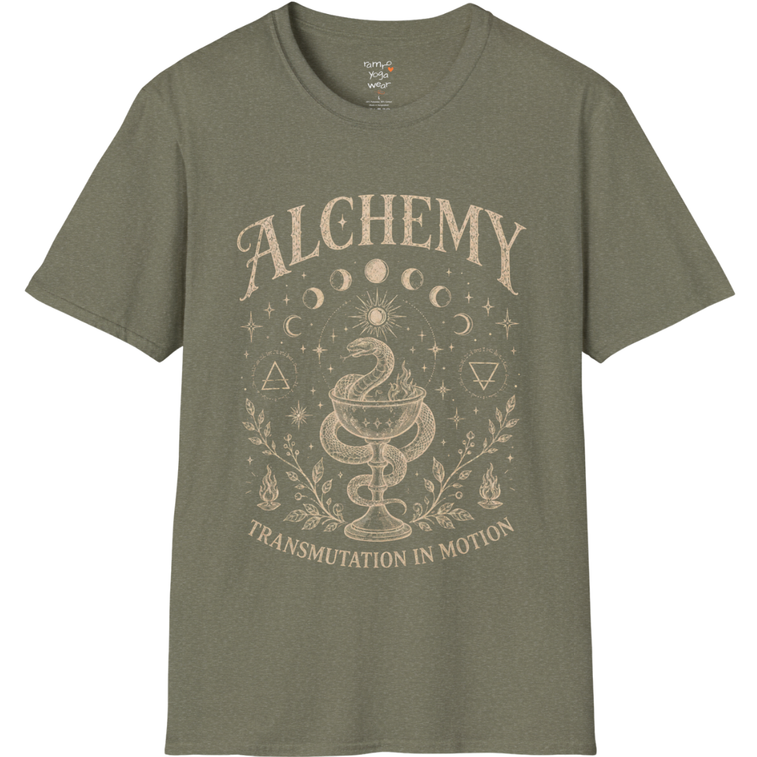 Heather Military Green Alchemy T-Shirt with mystical celestial artwork and grounded earthy street-style yoga aesthetic.