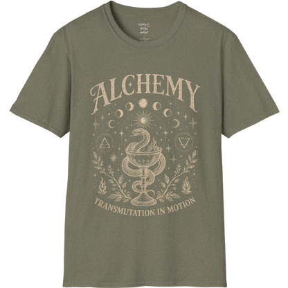 Heather Military Green Alchemy T-Shirt with mystical celestial artwork and grounded earthy street-style yoga aesthetic.
