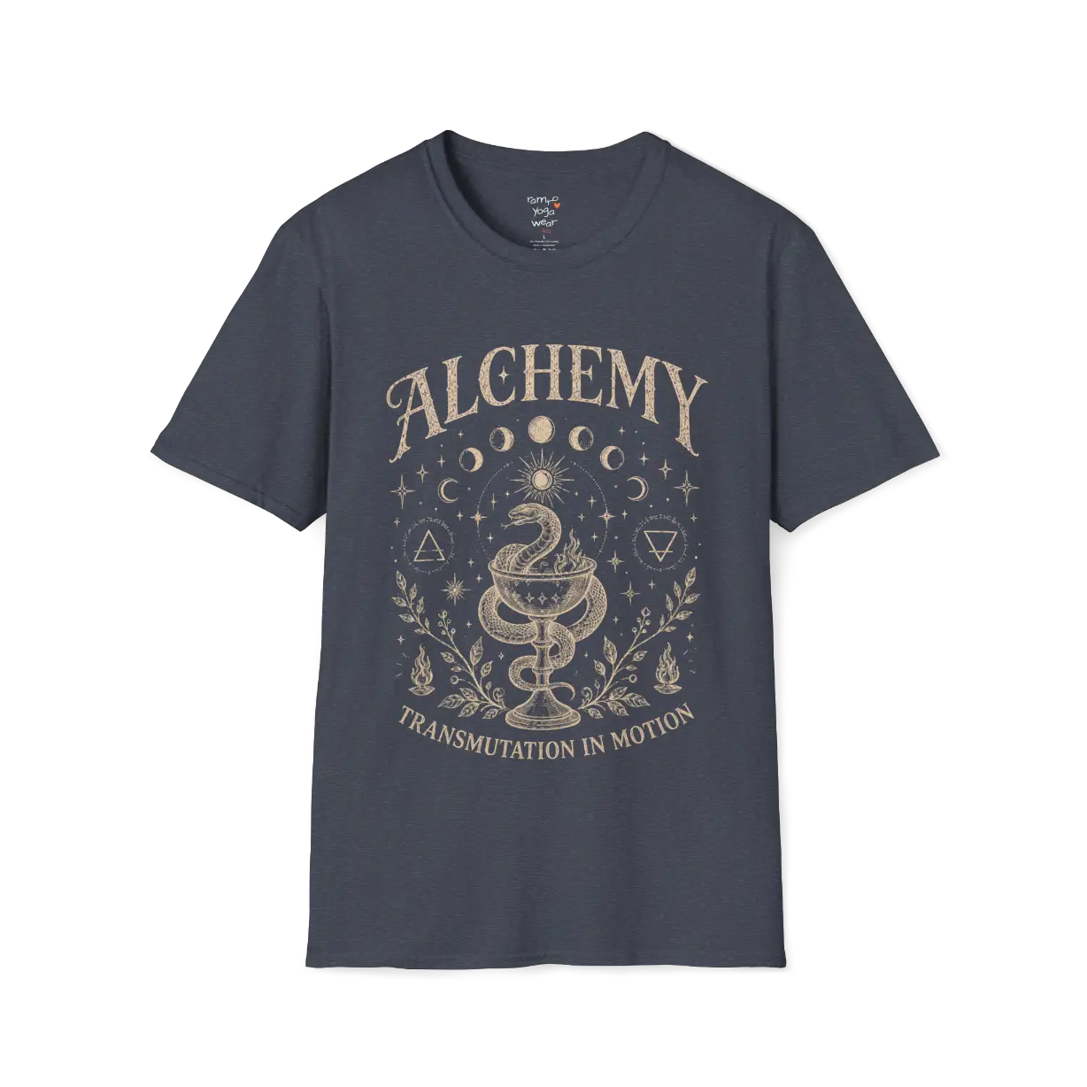 Heather Navy Alchemy T-Shirt featuring spiritual moon phase artwork with a vintage celestial-inspired graphic design.
