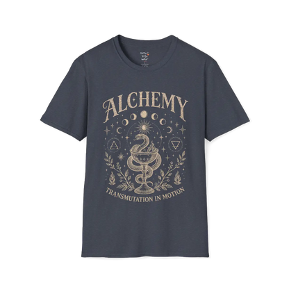 Heather Navy Alchemy T-Shirt featuring spiritual moon phase artwork with a vintage celestial-inspired graphic design.