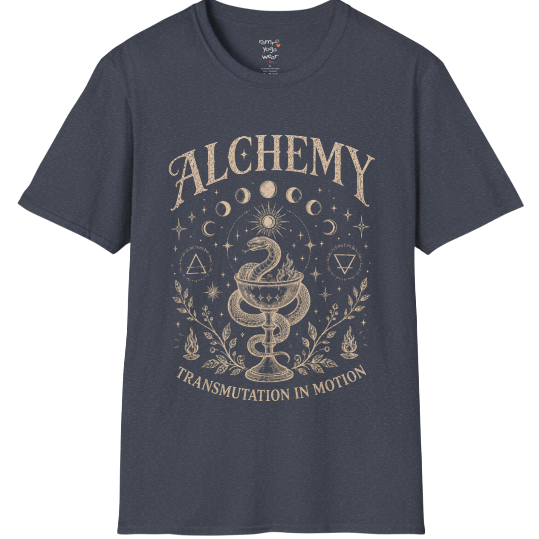 Heather Navy Alchemy T-Shirt featuring spiritual moon phase artwork with a vintage celestial-inspired graphic design.