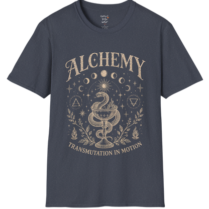 Heather Navy Alchemy T-Shirt featuring spiritual moon phase artwork with a vintage celestial-inspired graphic design.