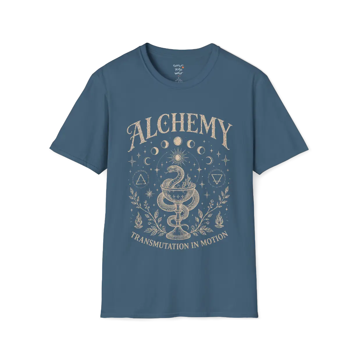 Indigo Blue Alchemy T-Shirt featuring spiritual celestial artwork with moon phases and vintage mystical detailing.