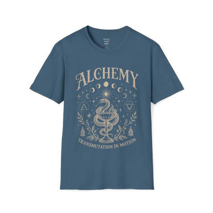 Indigo Blue Alchemy T-Shirt featuring spiritual celestial artwork with moon phases and vintage mystical detailing.