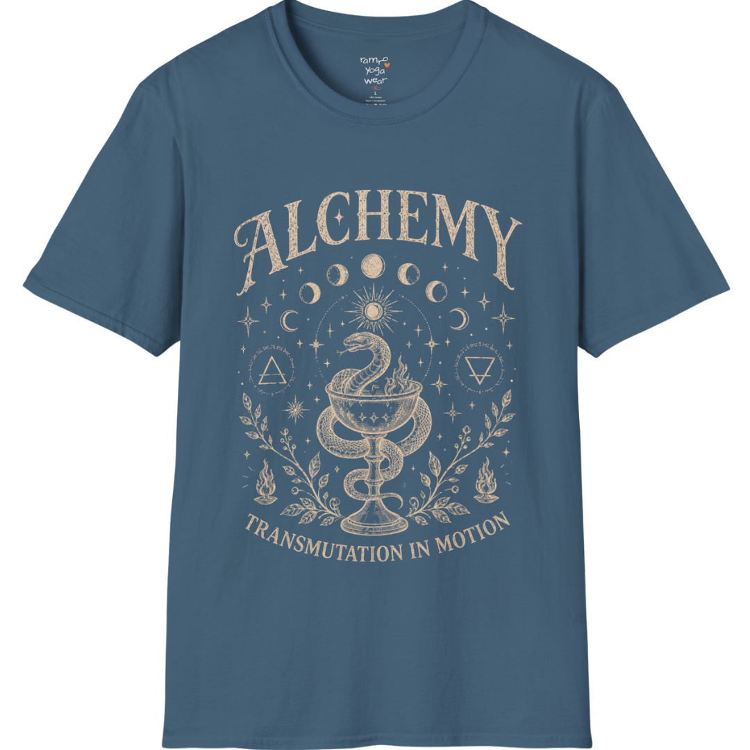 Indigo Blue Alchemy T-Shirt featuring spiritual celestial artwork with moon phases and vintage mystical detailing.