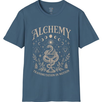 Indigo Blue Alchemy T-Shirt featuring spiritual celestial artwork with moon phases and vintage mystical detailing.