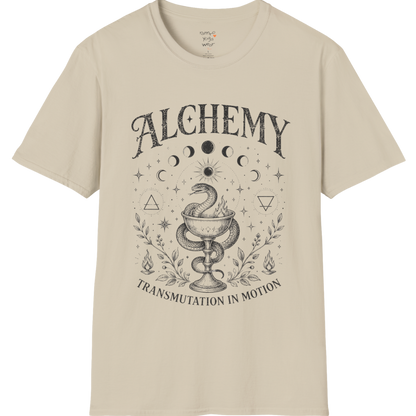 Sand Alchemy T-Shirt featuring mystical moon phase artwork and relaxed vintage spiritual streetwear styling.