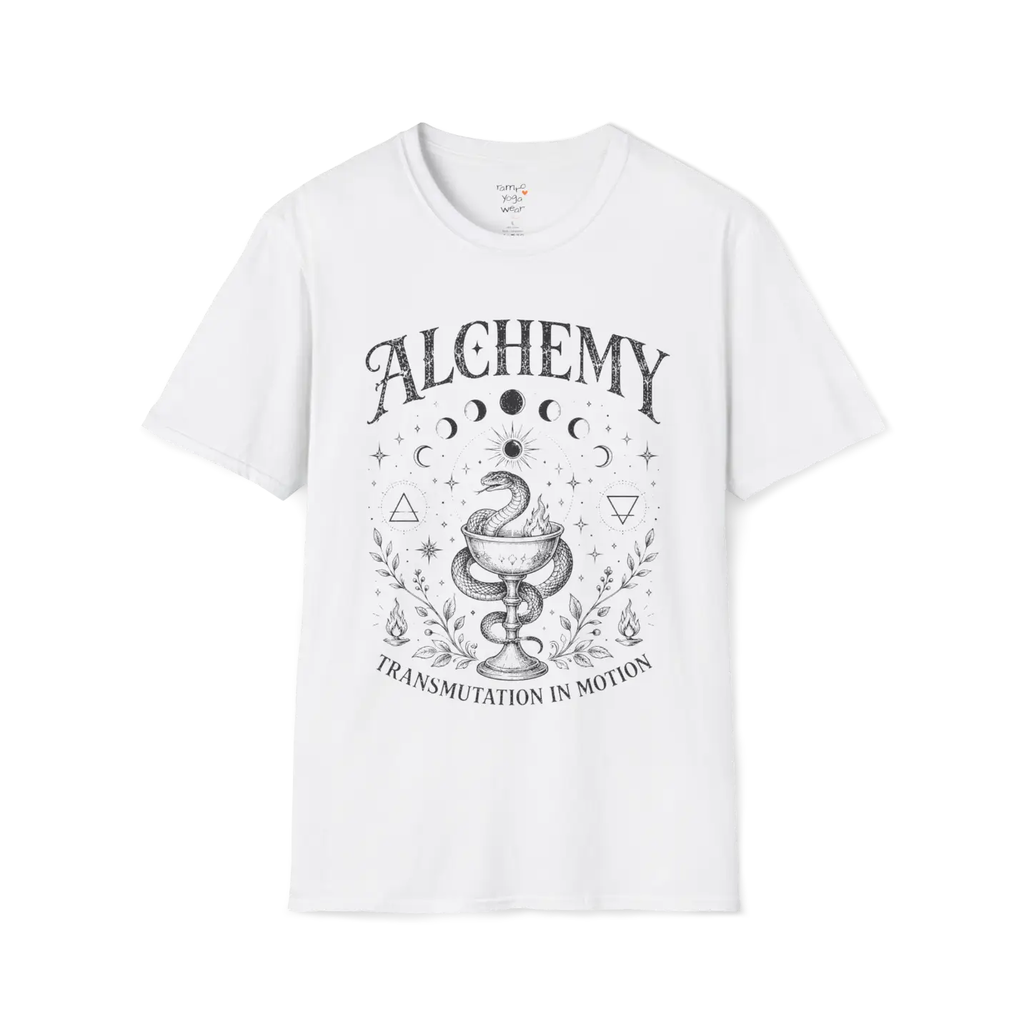 White Alchemy T-Shirt with celestial moon phase artwork and vintage-inspired mystical yoga lifestyle aesthetic.