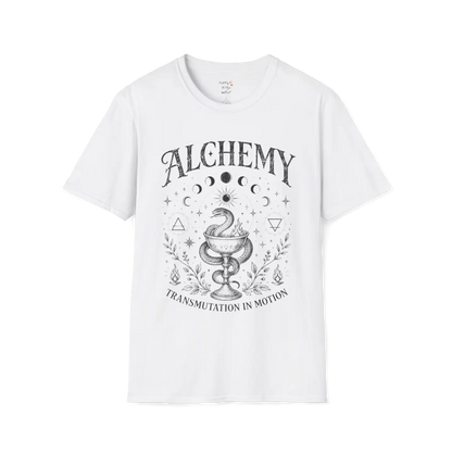 White Alchemy T-Shirt with celestial moon phase artwork and vintage-inspired mystical yoga lifestyle aesthetic.