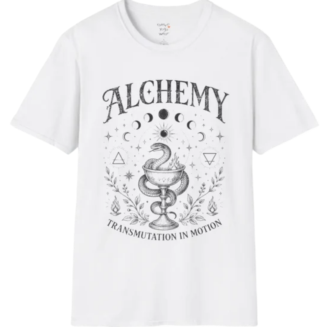 White Alchemy T-Shirt with celestial moon phase artwork and vintage-inspired mystical yoga lifestyle aesthetic.