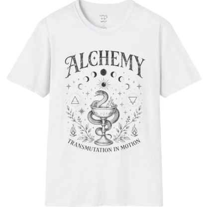 White Alchemy T-Shirt with celestial moon phase artwork and vintage-inspired mystical yoga lifestyle aesthetic.