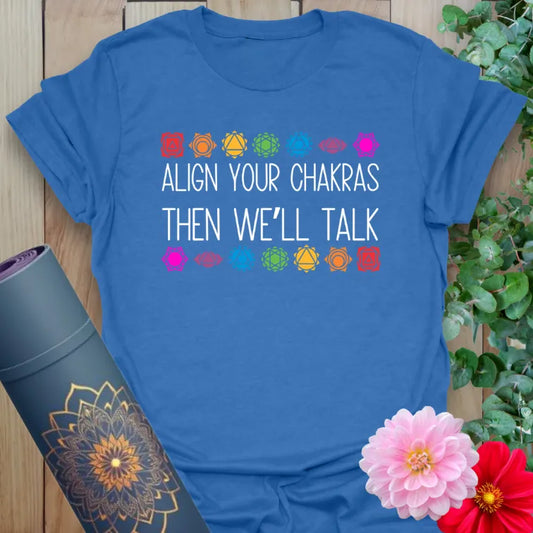 Align Your Chakras T-Shirt in Heather Royal with vibrant chakra symbols, designed by Ramro Yoga Wear.