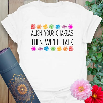 Align Your Chakras T-Shirt in White with energy healing symbols and “Align Your Chakras” message, crafted by Ramro.