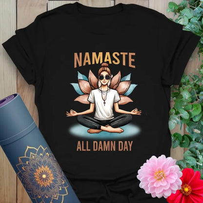 All Day T-Shirt in Black with bold yoga graphic and sassy spiritual quote.
