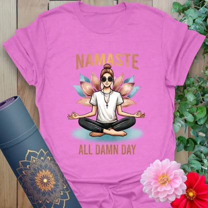 All Day T-Shirt in Heather Radiant Orchid with fun yoga quote and illustrated yogi design.
