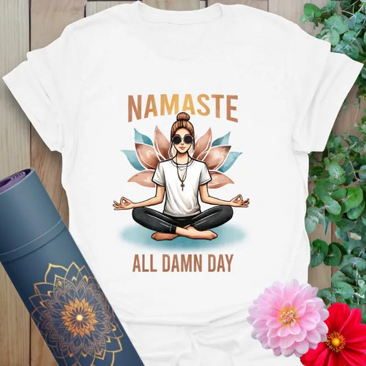 All Day T-Shirt in White featuring “Namaste All Damn Day” yogi illustration, designed by Ramro Yoga Wear.