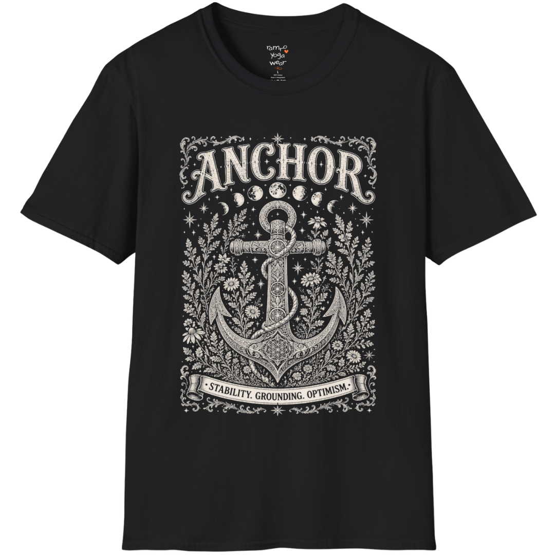 Anchor botanical sacred geometry moon phases engraving design — Dark Sacred Stillness collection by Ramro Yoga Wear in black