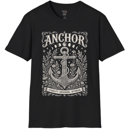 Anchor botanical sacred geometry moon phases engraving design — Dark Sacred Stillness collection by Ramro Yoga Wear in black