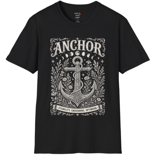 Anchor botanical sacred geometry moon phases engraving design — Dark Sacred Stillness collection by Ramro Yoga Wear in black