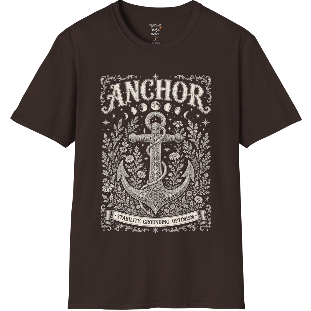Anchor botanical sacred geometry moon phases engraving design — Dark Sacred Stillness collection by Ramro Yoga Wear in Dark Chocolate
