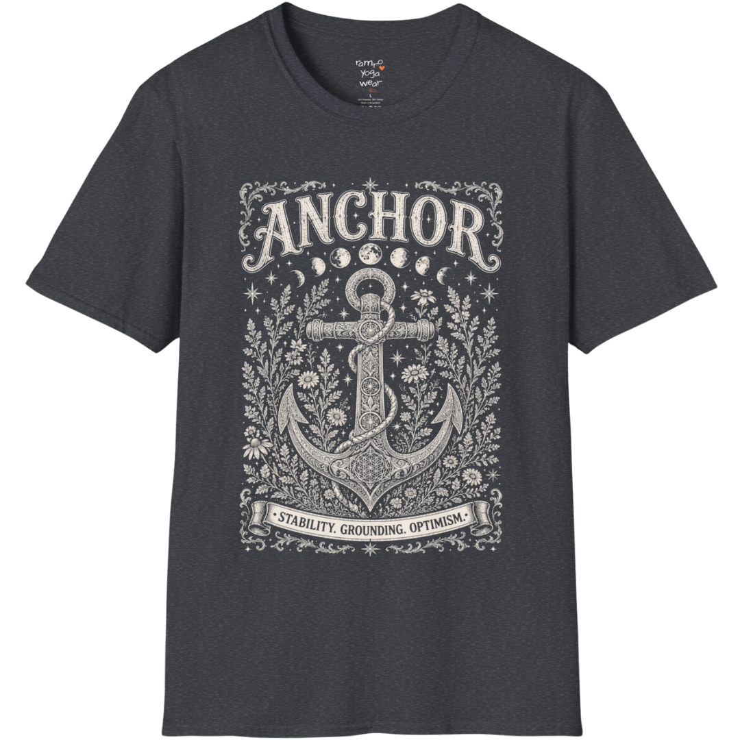 Anchor botanical sacred geometry moon phases engraving design — Dark Sacred Stillness collection by Ramro Yoga Wear in Dark Heather Grey