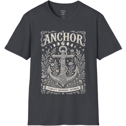 Anchor botanical sacred geometry moon phases engraving design — Dark Sacred Stillness collection by Ramro Yoga Wear in Dark Heather Grey