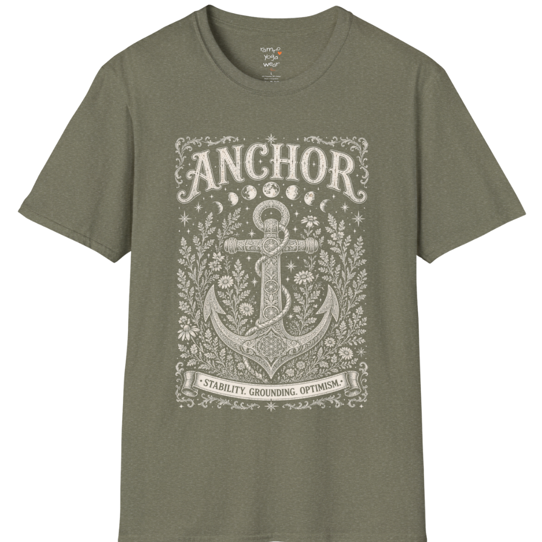 Anchor botanical sacred geometry moon phases engraving design — Dark Sacred Stillness collection by Ramro Yoga Wear in Heather Military Green