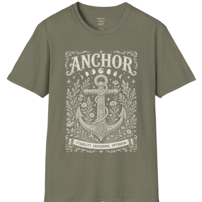 Anchor botanical sacred geometry moon phases engraving design — Dark Sacred Stillness collection by Ramro Yoga Wear in Heather Military Green